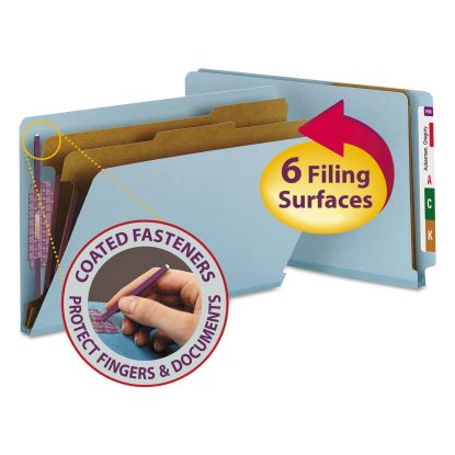 End Tab Colored Pressboard Classification Folders with SafeSHIELD Coated Fasteners, 2 Dividers, Legal Size, Blue, 10/Box1
