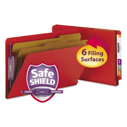 End Tab Pressboard Classification Folders with SafeSHIELD Fasteners, 2 Dividers, Legal Size, Bright Red, 10/Box1