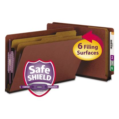 End Tab Pressboard Classification Folders with SafeSHIELD Coated Fasteners, 2 Dividers, Legal Size, Red, 10/Box1