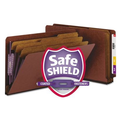 End Tab Pressboard Classification Folders with SafeSHIELD Coated Fasteners, 3 Dividers, Legal Size, Red, 10/Box1