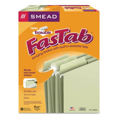 Erasable FasTab Hanging Folders, Letter Size, 1/3-Cut Tab, Moss, 20/Box1