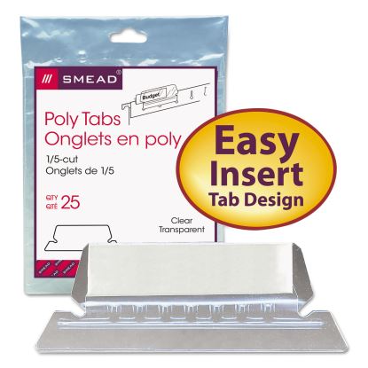 Poly Index Tabs and Inserts For Hanging File Folders, 1/5-Cut Tabs, White/Clear, 2.25" Wide, 25/Pack1