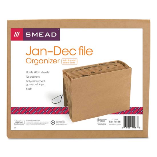 Indexed Expanding Kraft Files, 12 Sections, Elastic Cord Closure, 1/12-Cut Tabs, Letter Size, Kraft1