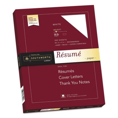 100% Cotton Resume Paper, 95 Bright, 24 lb Bond Weight, 8.5 x 11, White, 100/Pack1