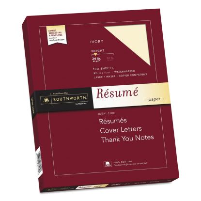 100% Cotton Resume Paper, 24 lb, 8.5 x 11, Ivory, 100/Pack1