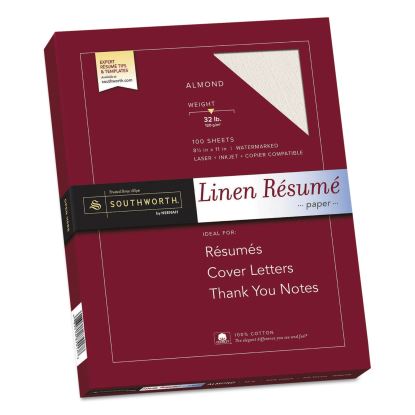 100% Cotton Premium Weight Linen Resume Paper, 32 lb, 8.5 x 11, Almond, 100/Pack1