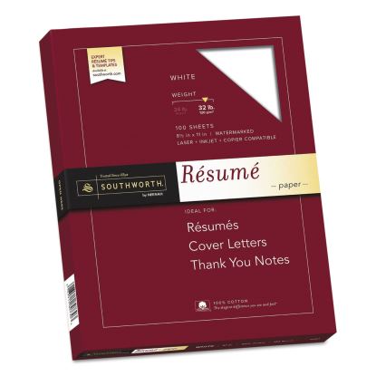 100% Cotton Resume Paper, 95 Bright, 32 lb Bond Weight, 8.5 x 11, White, 100/Pack1
