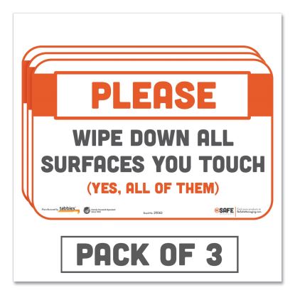 BeSafe Messaging Repositionable Wall/Door Signs, 9 x 6, Please Wipe Down All Surfaces You Touch, White, 3/Pack1