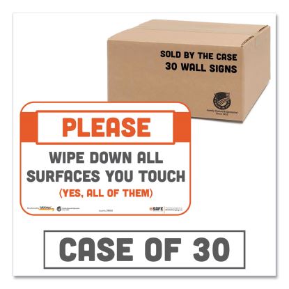 BeSafe Messaging Repositionable Wall/Door Signs, 9 x 6, Please Wipe Down All Surfaces You Touch, White, 30/Carton1