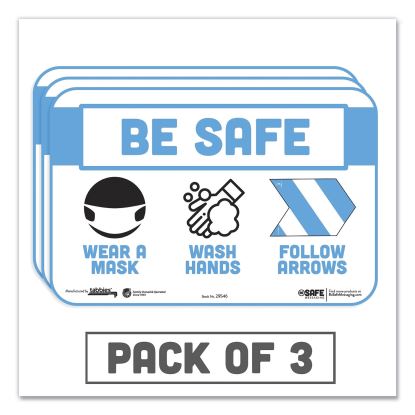 BeSafe Messaging Education Wall Signs, 9 x 6,  "Be Safe, Wear a Mask, Wash Your Hands, Follow the Arrows", 3/Pack1