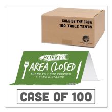 BeSafe Messaging Table Top Tent Card, 8 x 3.87, Sorry! Area Closed Thank You For Keeping A Safe Distance, Green, 100/Carton1