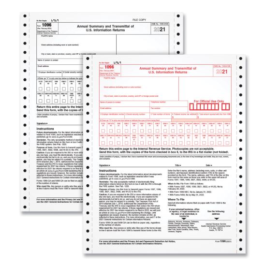 1096 Summary Transmittal Tax Forms, Two-Part Carbonless, 8 x 11, 1/Page, 10 Forms1