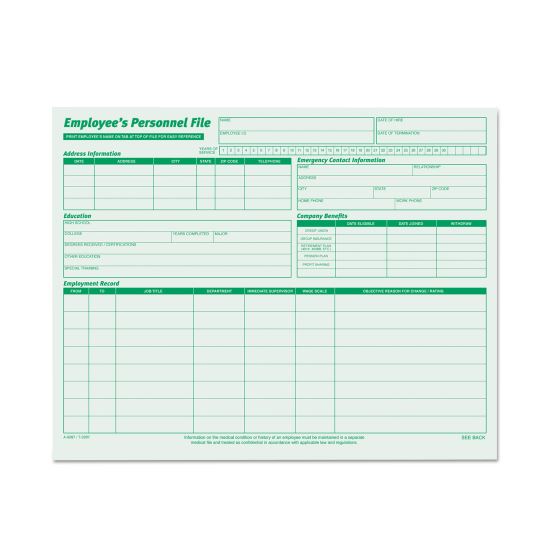 Employee's Record File Folder, Straight Tabs, Letter Size, Index Stock, Green, 20/Pack1