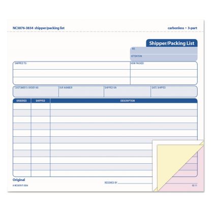 Snap-Off Shipper/Packing List, Three-Part Carbonless, 8.5 x 7, 1/Page, 50 Forms1