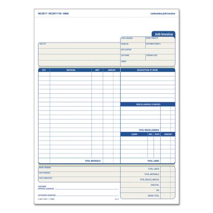 Snap-Off Job Invoice Form, Three-Part Carbonless, 8.5 x 11.63, 1/Page, 50 Forms1