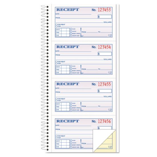 Money/Rent Receipt Spiral Book, Two-Part Carbonless, 2.75 x 4.75, 4/Page, 200 Forms1