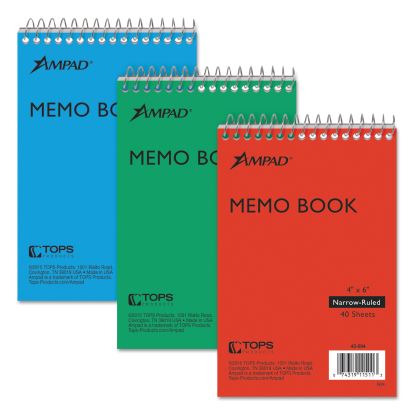 Memo Pads, Narrow Rule, Assorted Cover Colors, 40 White 4 x 6 Sheets, 3/Pack1