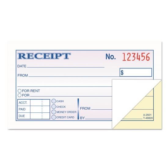 Money and Rent Receipt Books, Two-Part Carbonless, 2.75 x 4.78, 1/Page, 250 Forms1