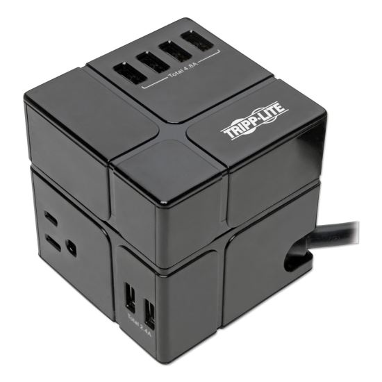 Three-Outlet Power Cube Surge Protector with Six USB-A Ports, 6 ft Cord, 540 Joules, Black1