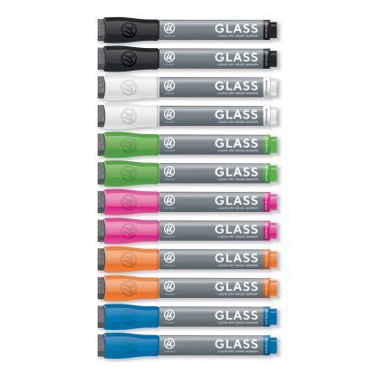 Bullet Tip Low-Odor Liquid Glass Markers with Erasers, Broad Bullet Tip, Assorted Colors, 12/Pack1