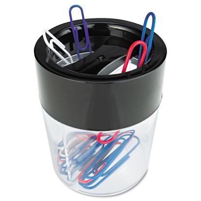 Round Magnetic Clip Dispenser, 2 Compartments, Plastic, 2.5" Diameter x 3"h, Black/Clear1