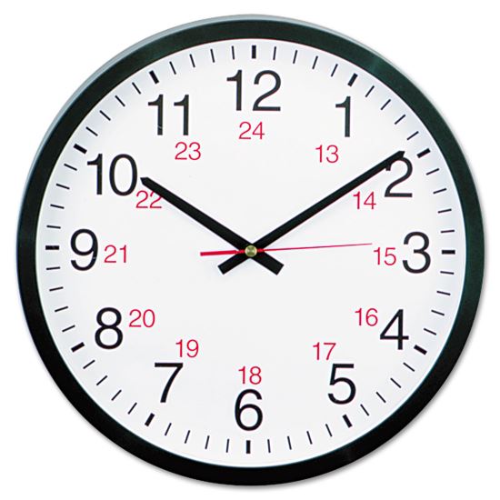 24-Hour Round Wall Clock, 12.63" Overall Diameter, Black Case, 1 AA (sold separately)1
