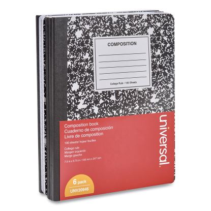 Composition Book, Medium/College Rule, Black Marble Cover, 9.75 x 7.5, 100 Sheets, 6/Pack1