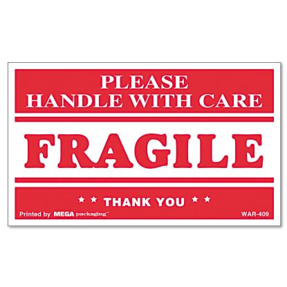 Printed Message Self-Adhesive Shipping Labels, FRAGILE Handle with Care, 3 x 5, Red/Clear, 500/Roll1