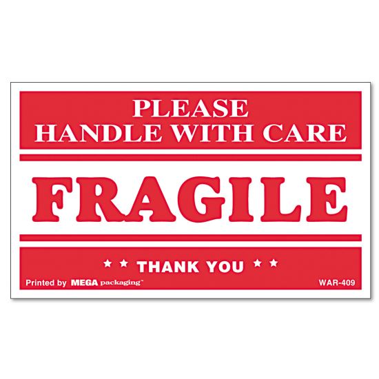 Printed Message Self-Adhesive Shipping Labels, FRAGILE Handle with Care, 3 x 5, Red/Clear, 500/Roll1