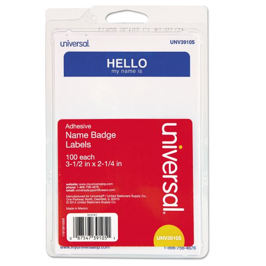 "Hello" Self-Adhesive Name Badges, 3 1/2 x 2 1/4, White/Blue, 100/Pack1