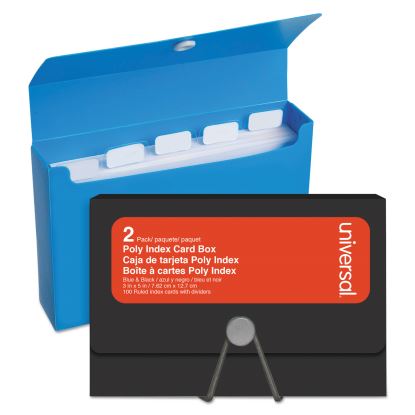 Poly Index Card Box, Holds 100 3 x 5 Cards, 3 x 1.33 x 5, Plastic, Black/Blue, 2/Pack1