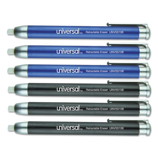 Pen-Style Retractable Eraser, For Pencil Marks, White Eraser, Assorted Barrel Colors, 6/Pack1