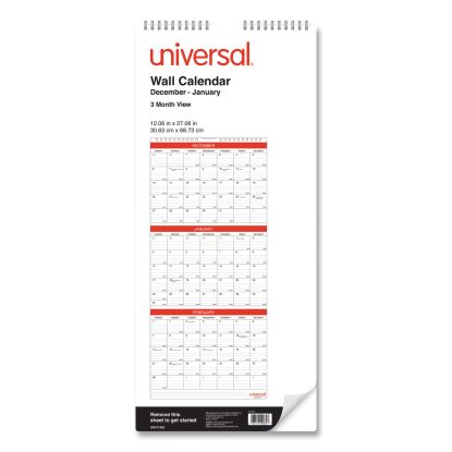 3-Month Wall Calendar, 12 x 27, White/Black/Red Sheets, 14-Month (Dec to Jan): 2022 to 20241