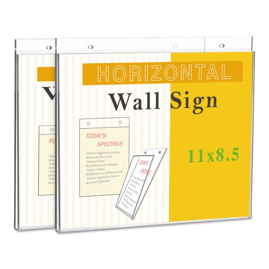 Wall Mount Sign Holder, 11" x 8 1/2", Horizontal, Clear, 2/Pack1