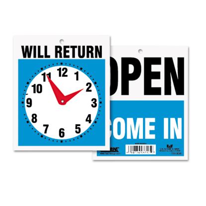 Double-Sided Open/Will Return Sign with Clock Hands, Plastic, 7.5 x 91