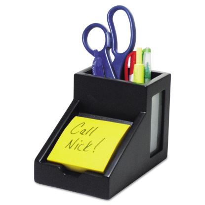 Midnight Black Collection Pencil Cup with Note Holder, 2 Compartments, MDF/Frosted Glass/Faux Leather, 4 x 6.3  x 4.5, Wood1