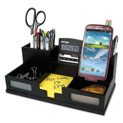 Midnight Black Desk Organizer with Smartphone Holder, 6 Compartments, Wood, 10.5 x 5.5 x 41