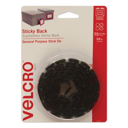 Sticky-Back Fasteners, Removable Adhesive, 0.63" dia, Black, 75/Pack1