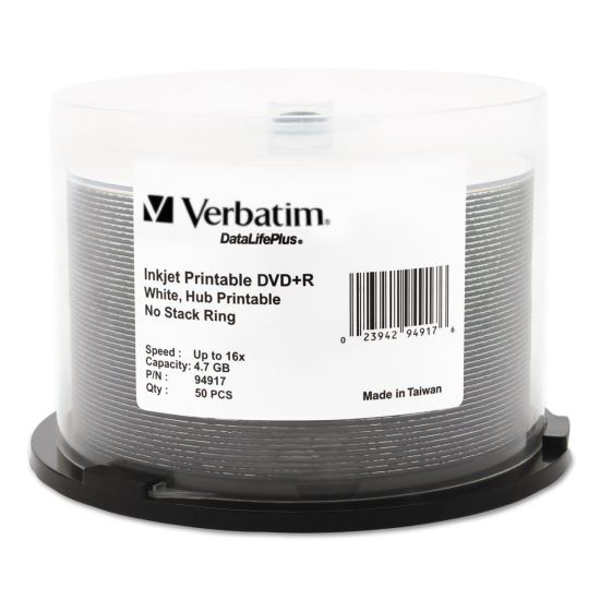 DVD+R Recordable Disc, 4.7 GB, 16x, Spindle, Hub Printable, White, 50/Pack1