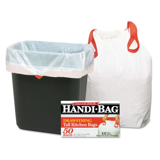 Drawstring Kitchen Bags, 13 gal, 0.6 mil, 24" x 27.38", White, 50/Box1