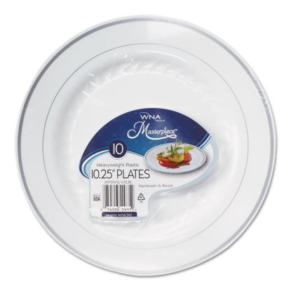 Masterpiece Plastic Plates, 10.25" dia, White with Silver Accents, Round, 10/Pack, 12 Packs/Carton1