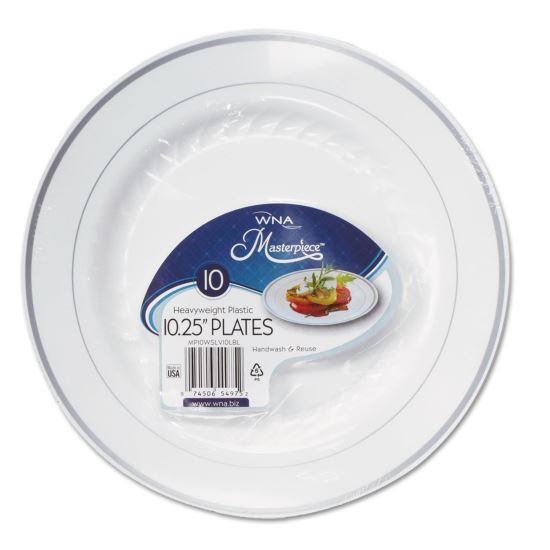 Masterpiece Plastic Dinnerware, 10.25" dia, White/Silver, 10/Pack1