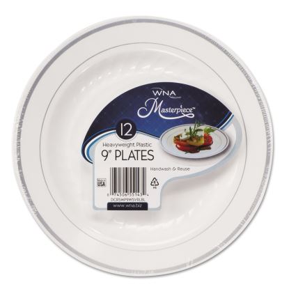 Masterpiece Plastic Plates, 9" dia, White/Silver, 10/Pack, 12 Packs/Carton1