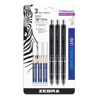 Delguard Mechanical Pencil, 0.5 mm, HB (#2.5), Black Lead, Black Barrel, 3/Pack1