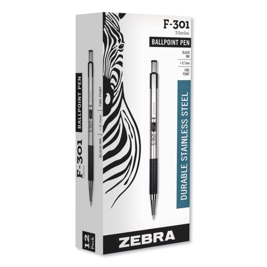 F-301 Ballpoint Pen, Retractable, Fine 0.7 mm, Black Ink, Stainless Steel/Black Barrel1