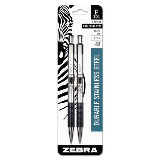 F-301 Ballpoint Pen, Retractable, Fine 0.7 mm, Black Ink, Stainless Steel/Black Barrel, 2/Pack1