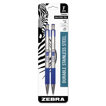 F-301 Ballpoint Pen, Retractable, Fine 0.7 mm, Blue Ink, Stainless Steel/Blue Barrel, 2/Pack1