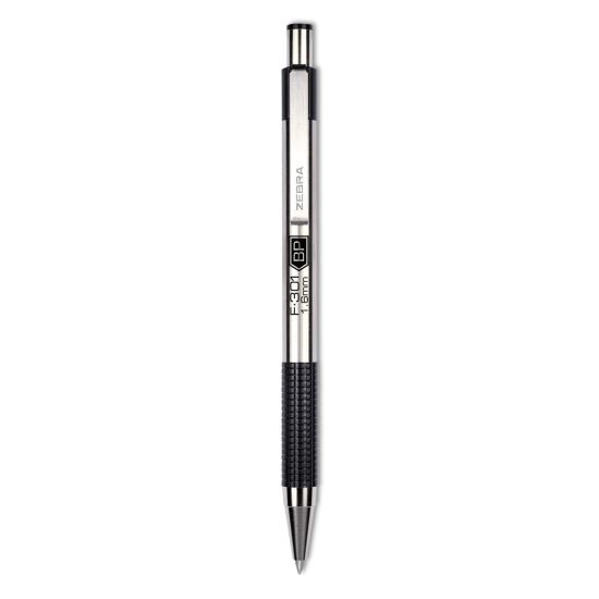 F-301 Ballpoint Pen, Retractable, Bold 1.6 mm, Black Ink, Stainless Steel/Black Barrel, Dozen1