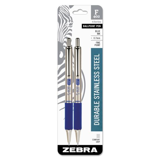 F-402 Ballpoint Pen, Retractable, Fine 0.7 mm, Blue Ink, Stainless Steel/Blue Barrel, 2/Pack1