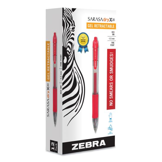 Sarasa Dry Gel X20 Gel Pen, Retractable, Fine 0.5 mm, Red Ink, Translucent Red Barrel, Dozen1